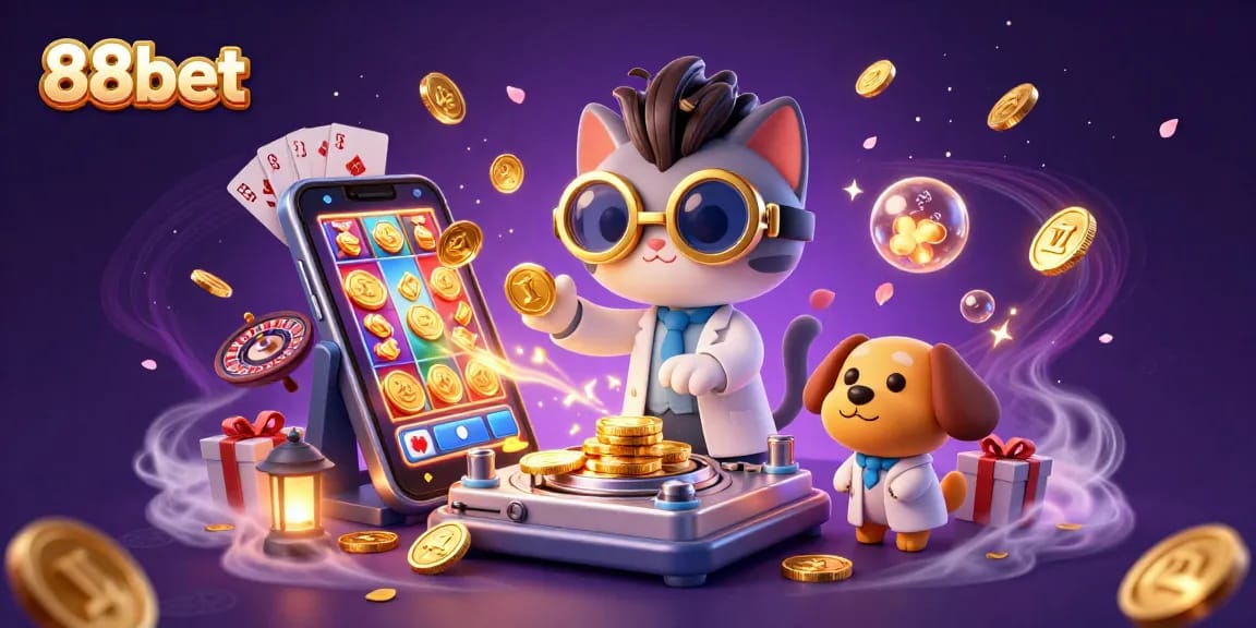 Experience the thrill of winning with 88bet in this vibrant 3D casino scene filled with game elements.