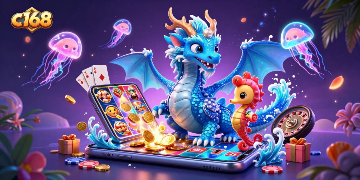 Experience thrilling gameplay with c168's vibrant dragon and seahorse in a magical casino scene.