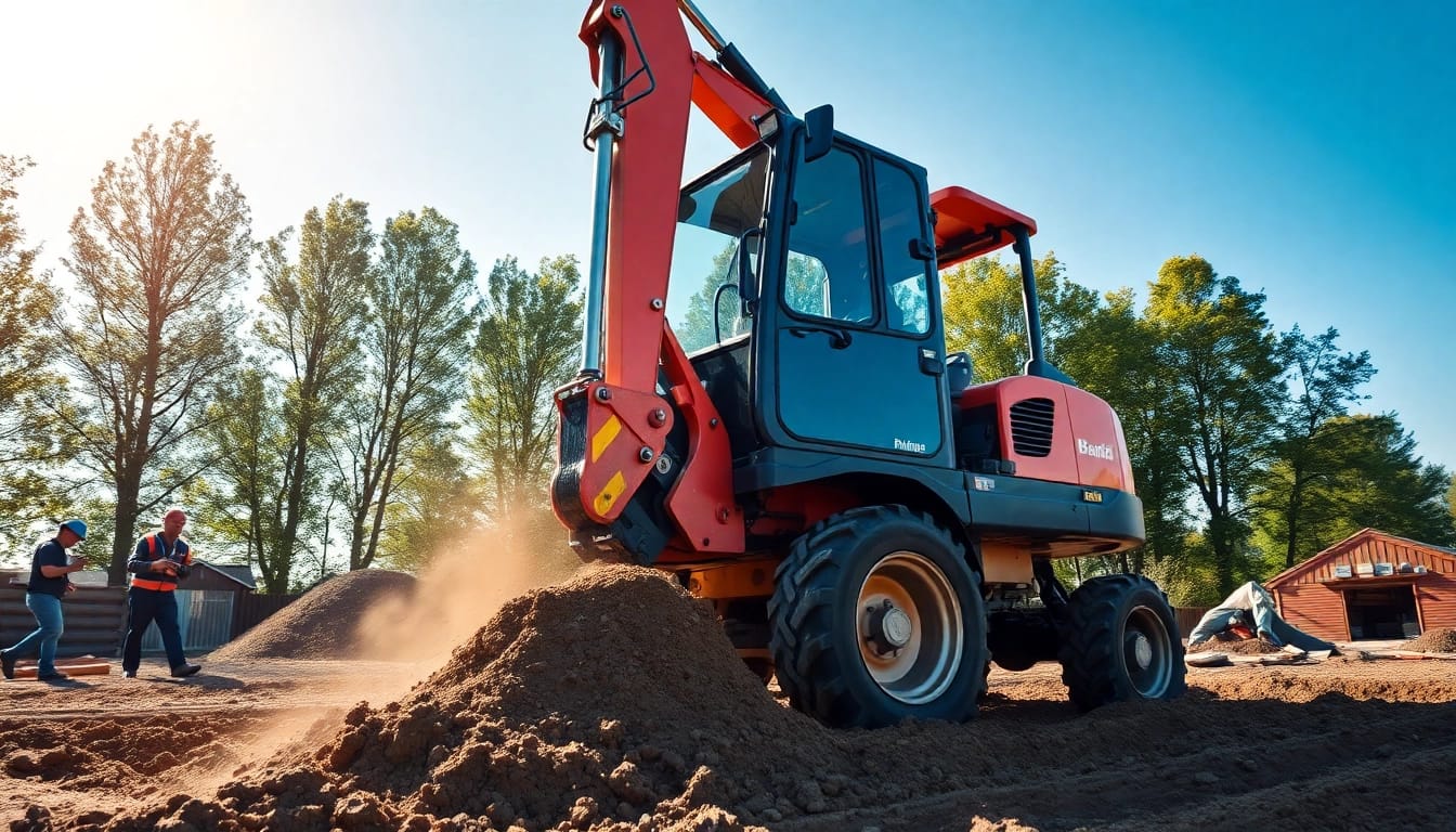 Baggervermietung Hannover: Minibagger hebt Erde auf einer Baustelle mit Arbeitern im Hintergrund.