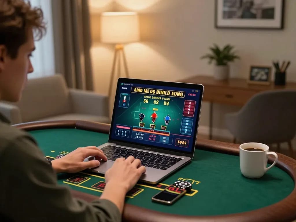 Kwin player engaging in live dealer blackjack on stylish laptop in warm home setting.