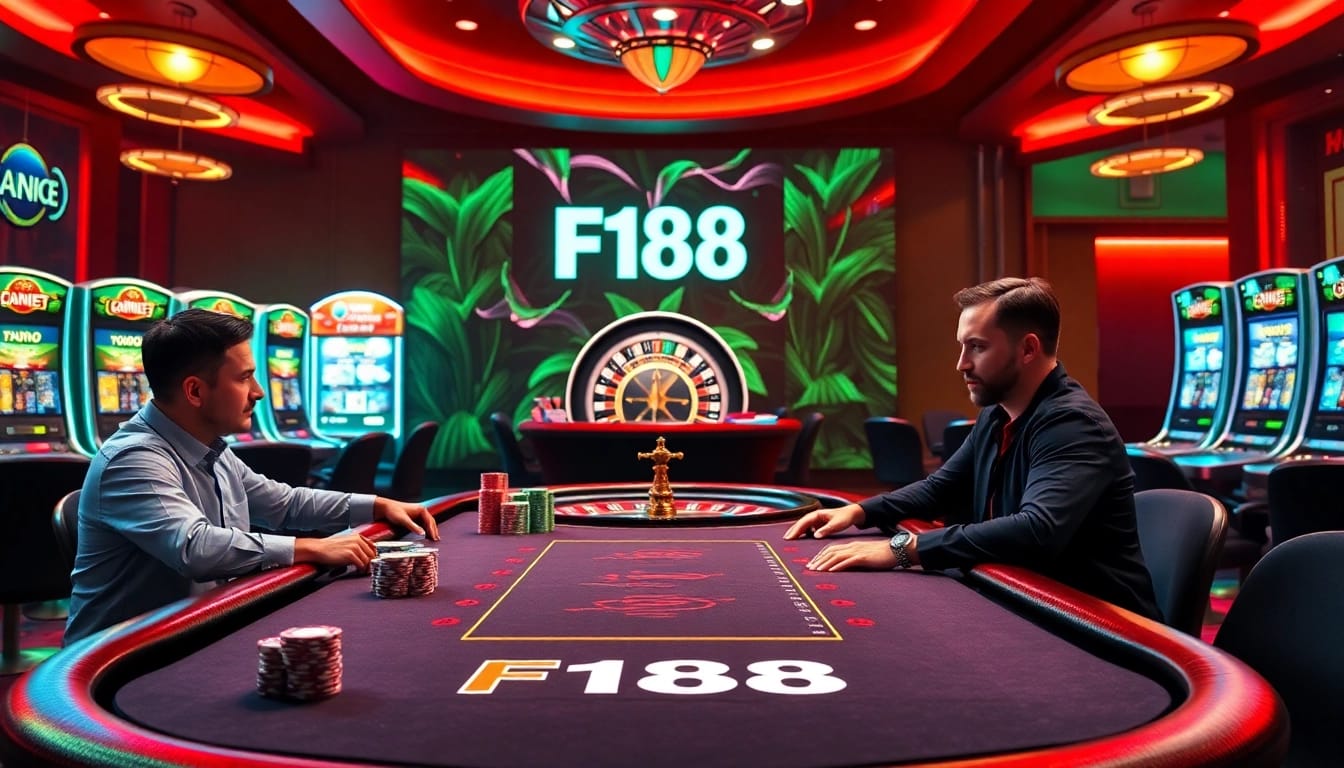 F168 poker players captivated by high-stakes action at a luxurious casino table.