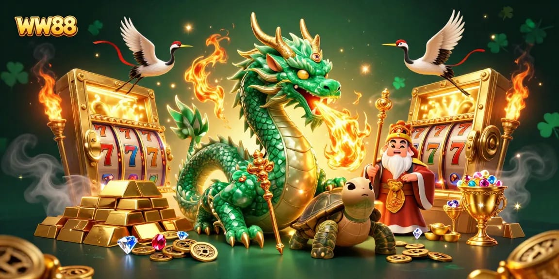 Engage with WW88's dynamic online casino adventure featuring a majestic emerald dragon and lucky motifs.