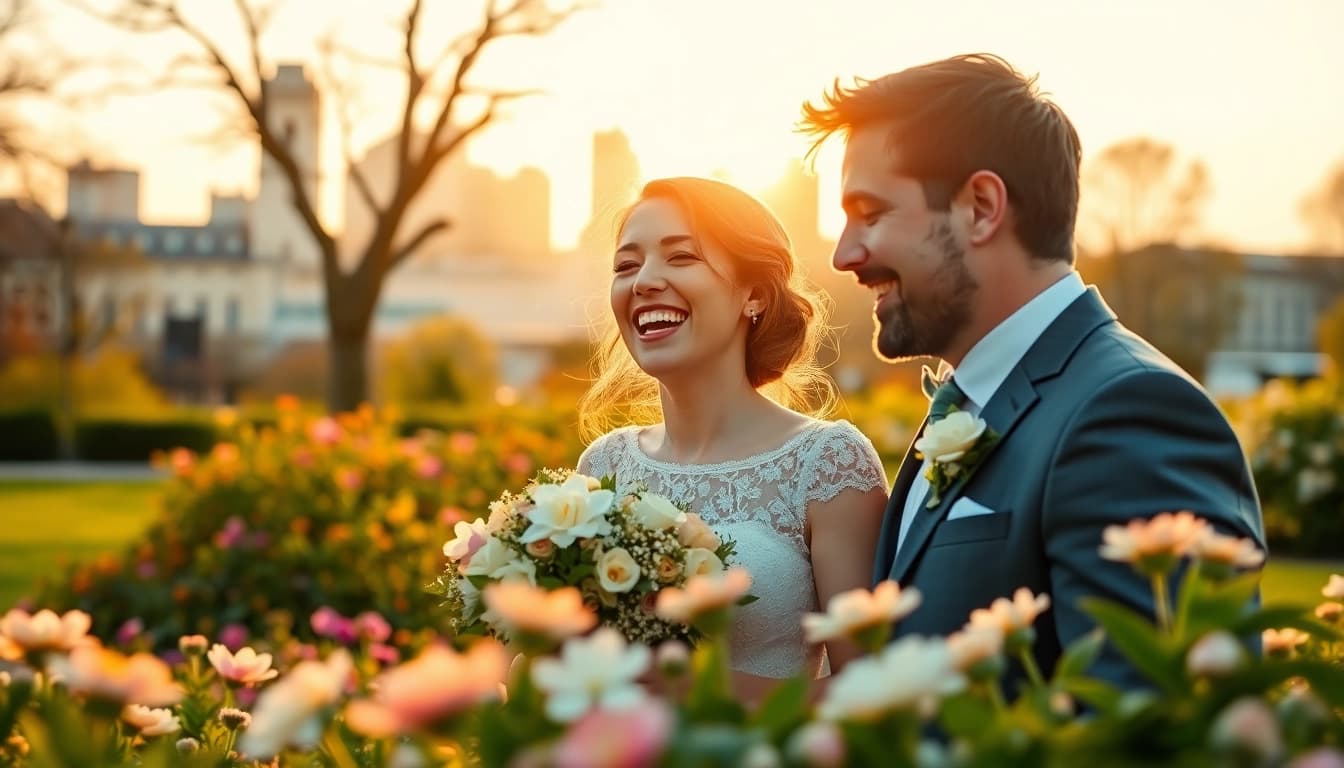Hochzeitsfotograf München fotografiert ein lächelndes Paar im Park mit Stadtansicht.