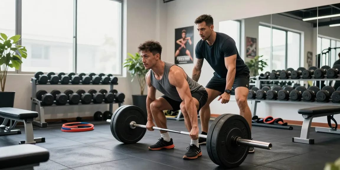 Im Fitnessstudio trainiert ein Mann mit Selliza Shop Gewichten beim Krafttraining.