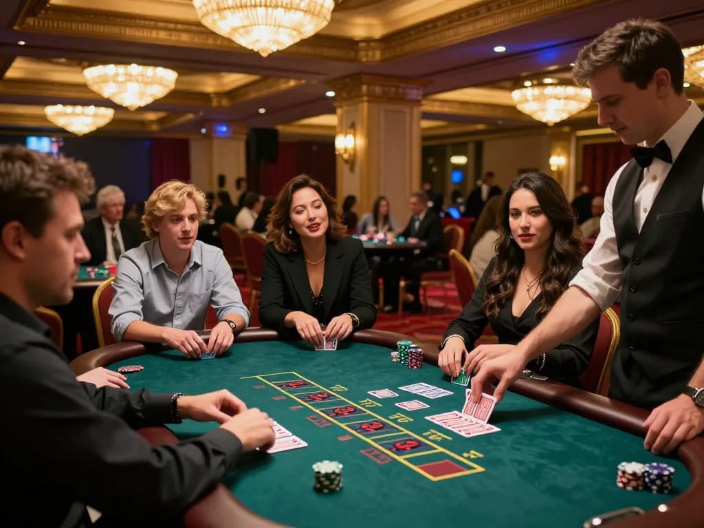Lucky8 players making strategic bets at blackjack table in lively casino setting