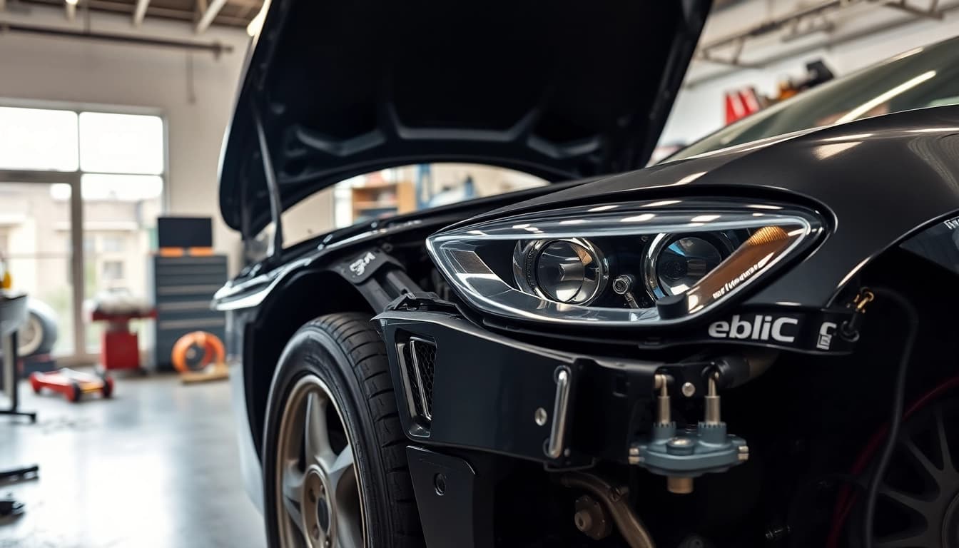 Motorschaden Ankauf: details of a damaged car engine in a repair shop.