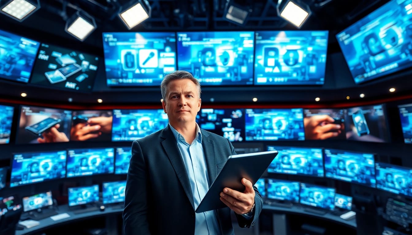 Aktuelle Technik News auf Bildschirmen in einem modernen Nachrichtenraum.