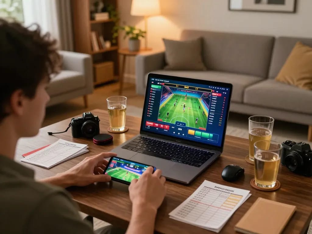 Place strategic bets with Soibet in a cozy home sports betting setup showing a vibrant gaming atmosphere