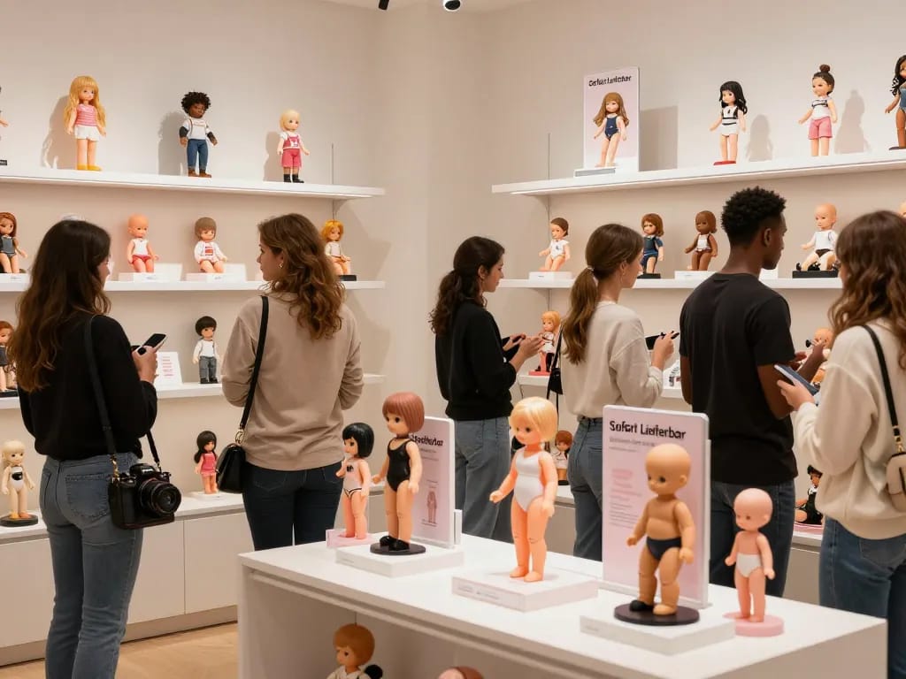 Stilvolle Verkaufsanzeige von Sofort Lieferbar Sexpuppen mit engagierten Kunden in einladender Atmosphäre.