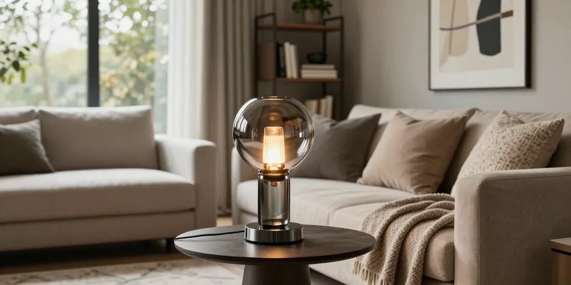 Stylische Tischlampen Rauchglas, die ein modernes Wohnzimmer mit elegantem Dekor erhellen.