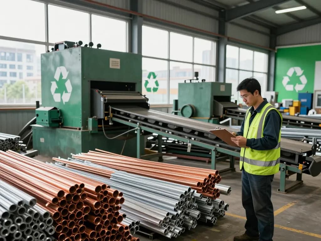 Effiziente Schrotthandel-Operationen in einer geschäftigen Recyclinganlage mit der Inspektion von Schrottmetall.