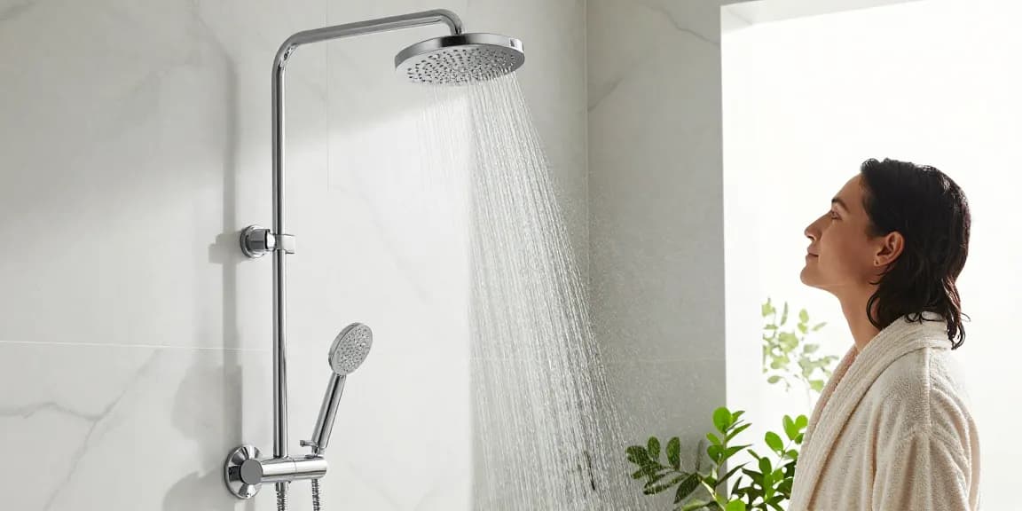 Regendouche thermostaatkraan uitgelicht in een luxe badkameromgeving met moderne designelementen en een ontspannen sfeer.
