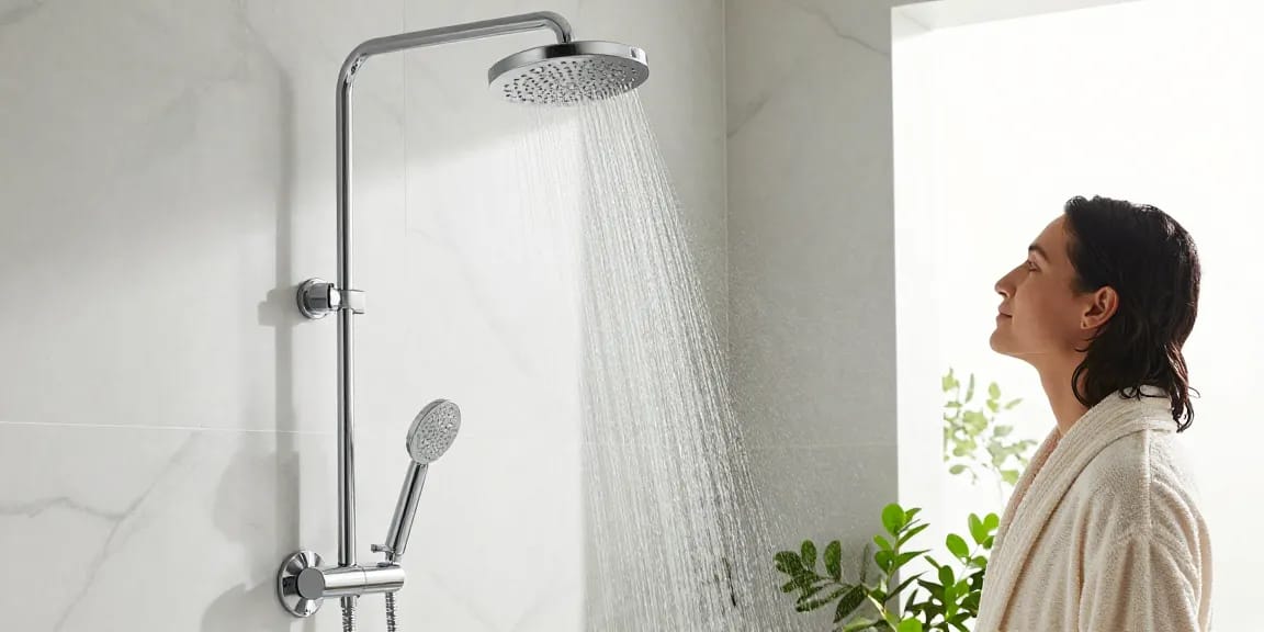 Regendouche thermostaatkraan uitgelicht in een luxe badkameromgeving met moderne designelementen en een ontspannen sfeer.