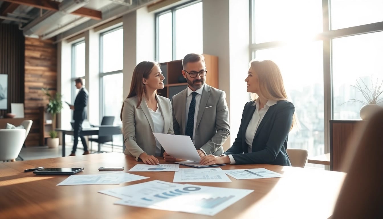 Beratung zur privaten Finanzierung mit einem Finanzberater und Klienten in einem modernen Büro.
