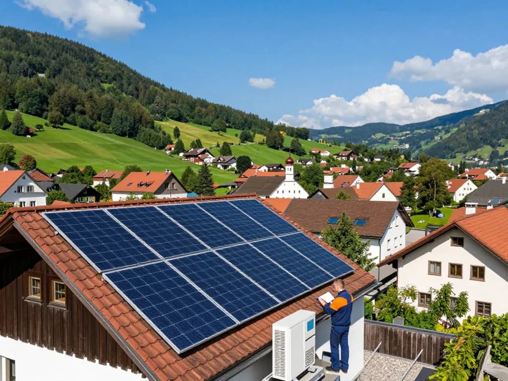 Photovoltaik Bayern zeigt Solarpanels auf bayerischen Dächern mit energieeffizienten Wärmepumpen.