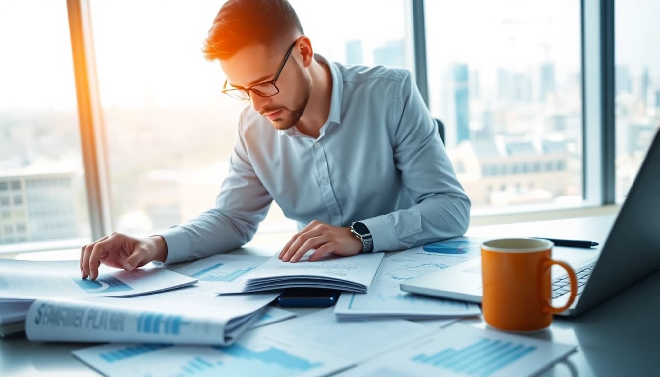Wertpapiere analysieren in einem modernen Büro mit Berichten und Charts.