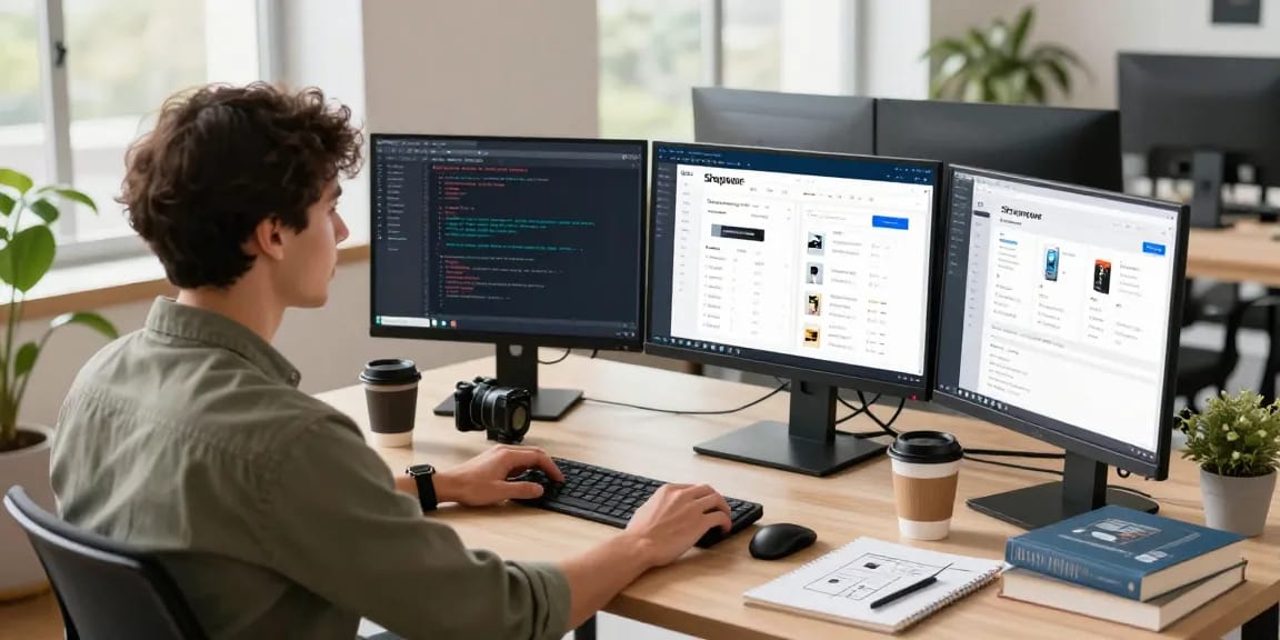 Freelancer bei SP Webconsulting, der einen Shopware-Onlineshop in einem hellen Arbeitsbereich entwickelt.