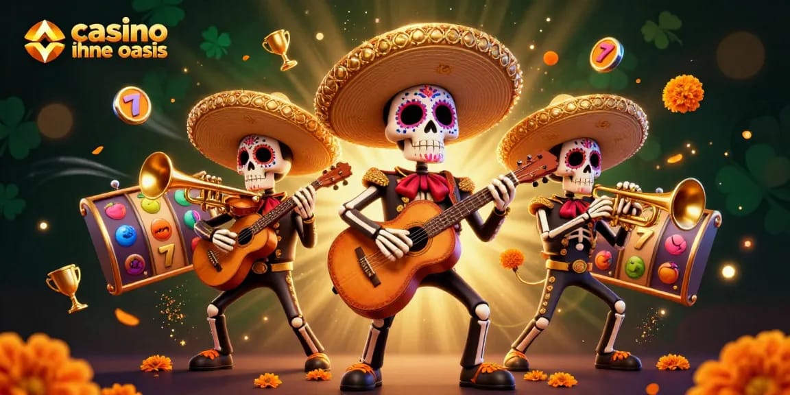 Experience the vibrant scene of casino ohne oasis featuring a Day of the Dead mariachi band with dynamic game elements.