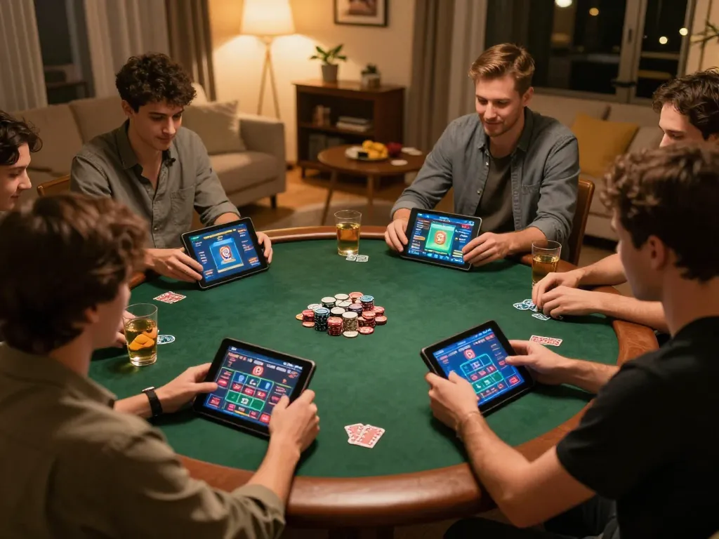 Players enjoying online poker on SC88 app with drinks and snacks in cozy home setting.