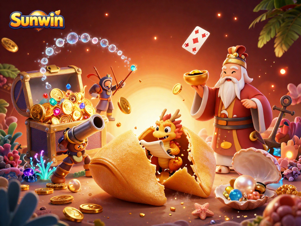 Win big with Sunwin while exploring a vibrant 3D casino treasure scene packed with gold and excitement.