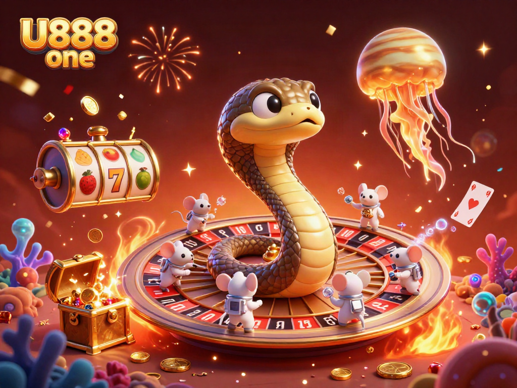 Engage with U888 one in a vibrant casino scene featuring a unique Saturn ring snake roulette.