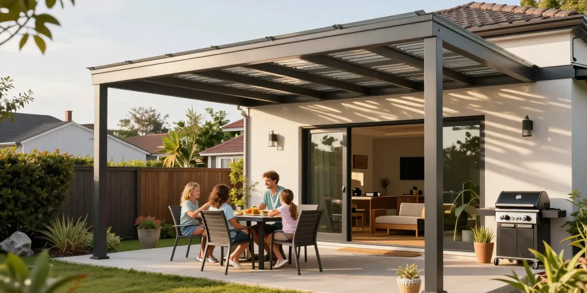 Terrassenüberdachungen aus Aluminium schützen die Familie vor Sonne und Regen auf einer einladenden Terrasse.