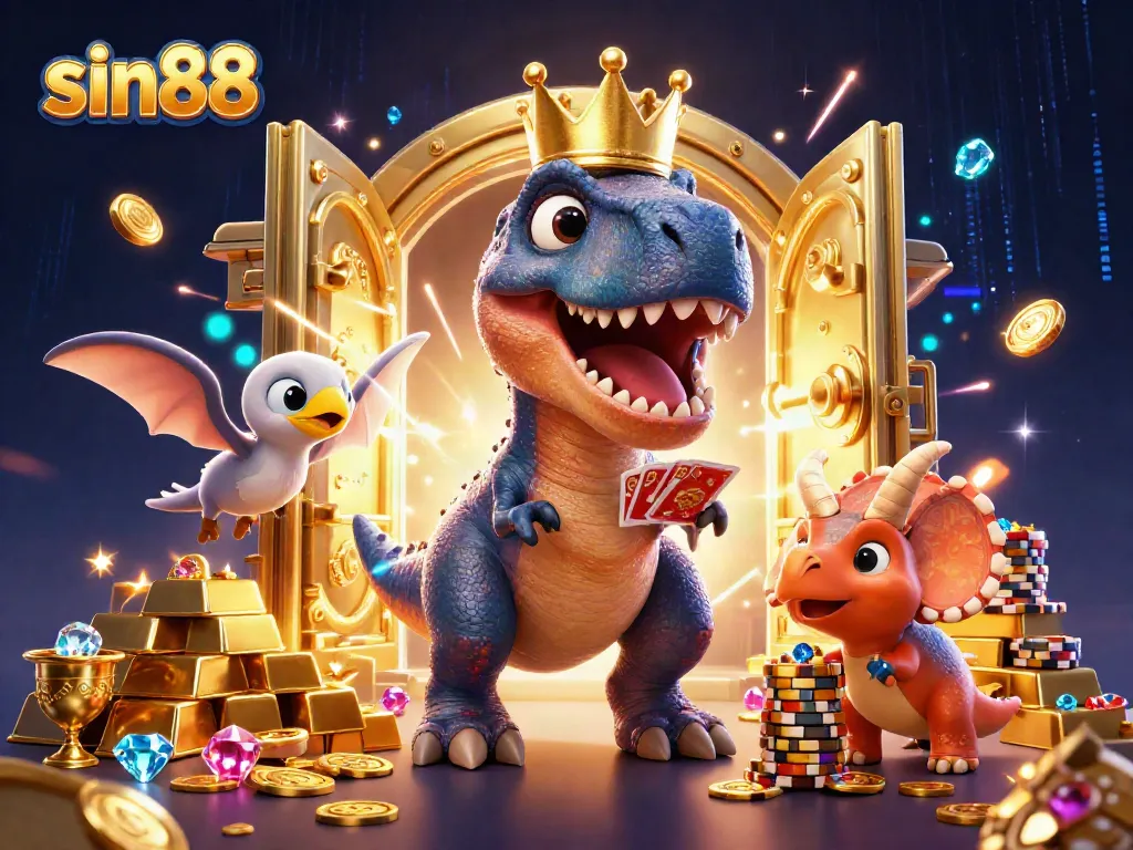 Engage with sin88, where a T-Rex games at cards while a baby triceratops stacks golden chips amidst casino riches.