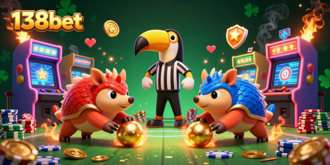 Engage with thrilling 138bet casino action featuring rival pangolins, poker chips, and vibrant game elements.
