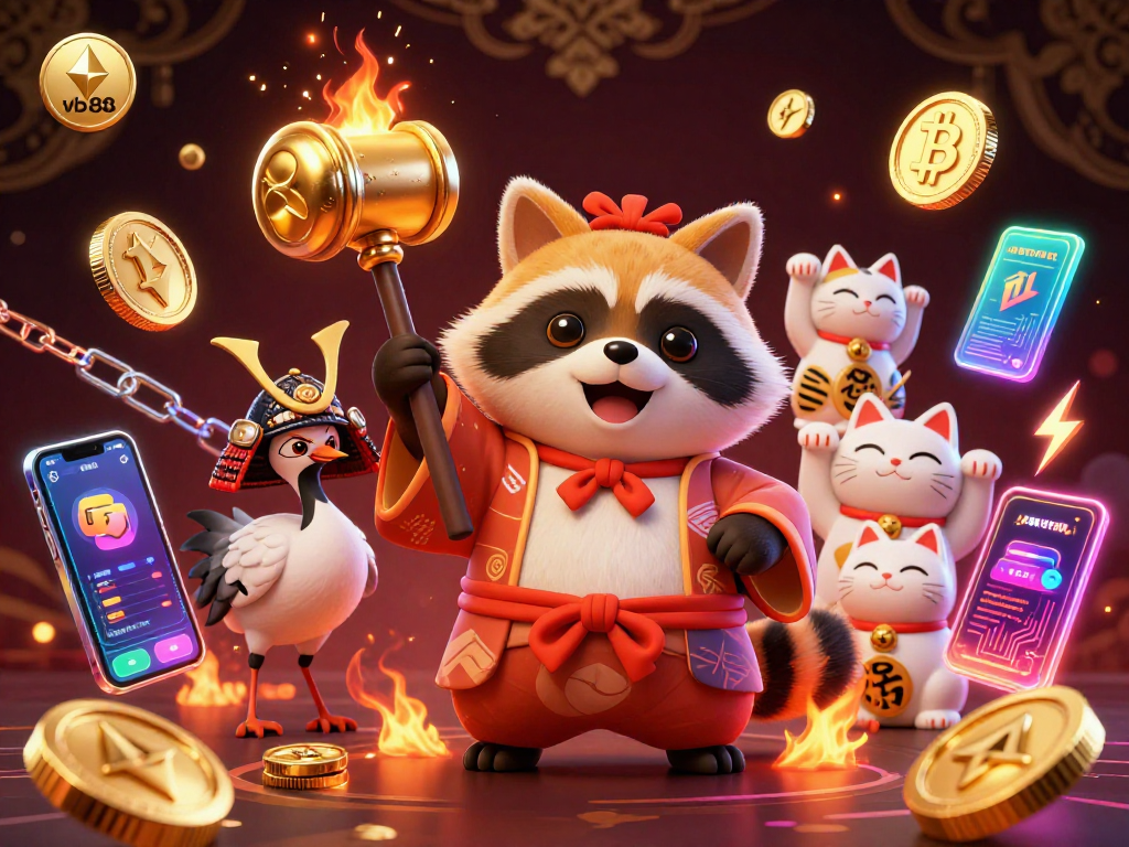 Join the excitement at vb88 with a vibrant 3D scene depicting festive characters and crypto elements.