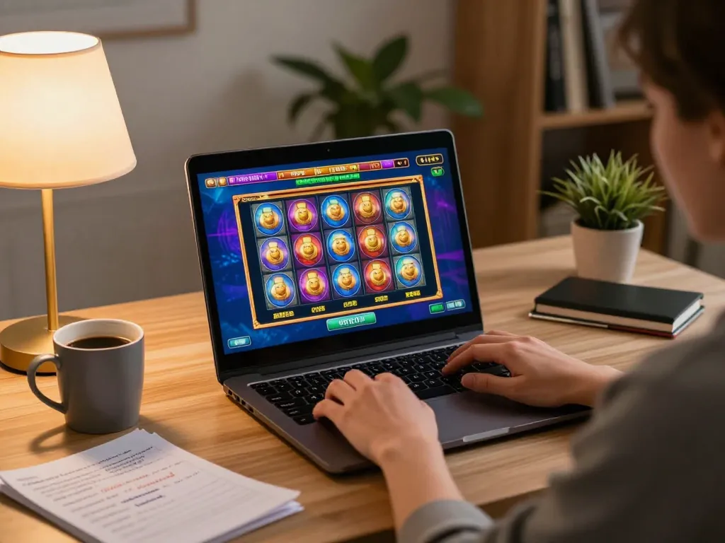 Engaging online gaming session at home with a player enjoying fc88 slot games on a laptop
