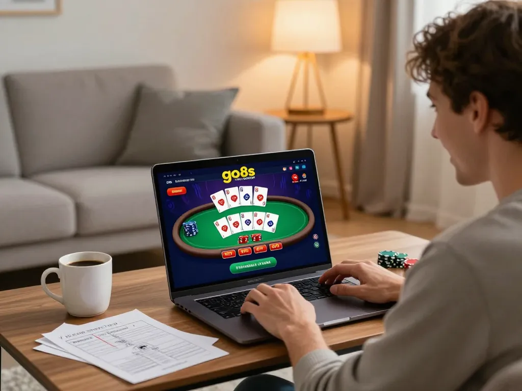 Player enjoying an online game at go8s, with winning cards displayed on their laptop