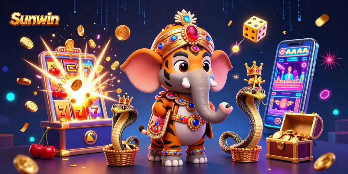 Experience the excitement of winning with Sunwin, featuring vibrant 3D characters, slot machines, and electrifying effects.