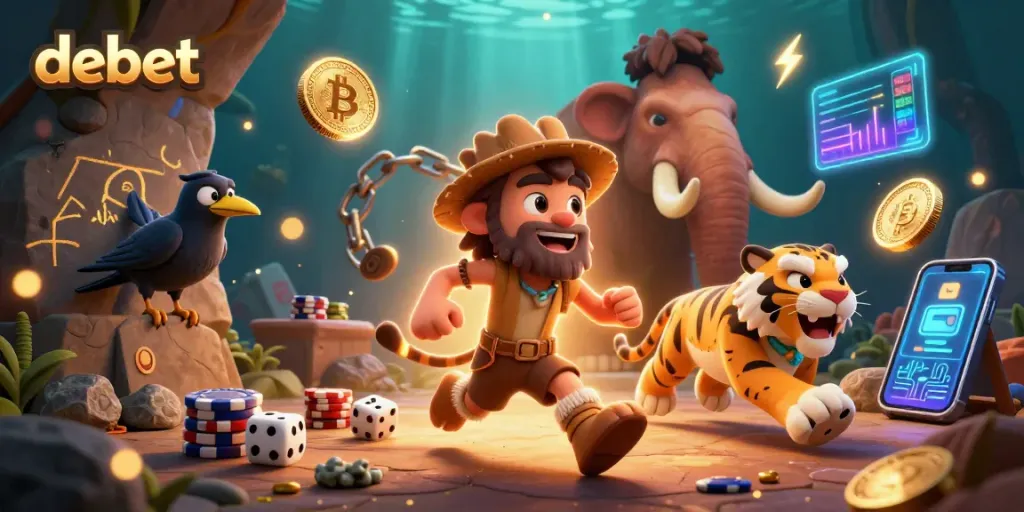 Engage with debet's thrilling casino experience featuring animated characters and crypto elements.