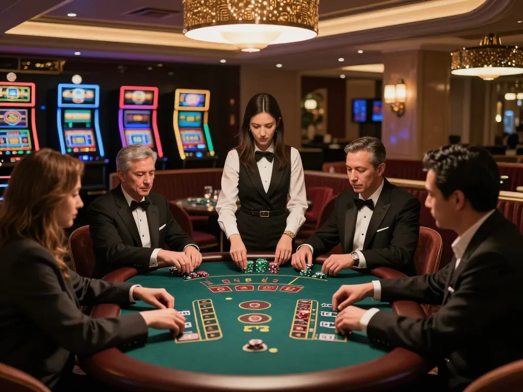 mm88 đăng nhập at an upscale blackjack table with engaged players focusing on strategies.
