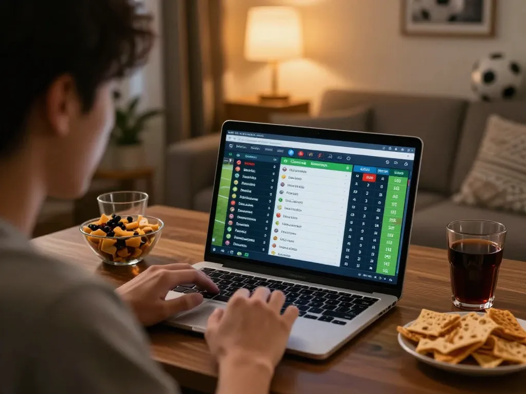 Engaged sports bettor analyzing soccer predictions on a laptop for strategic betting.