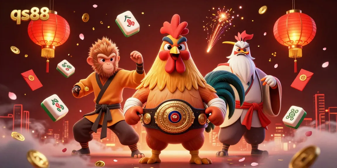 Experience the thrill of qs88 with a dynamic 3D illustration showcasing a fierce Muay Thai rooster, martial arts elements, and festive casino graphics.