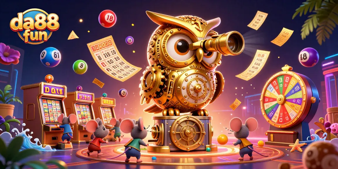 Experience da88 fun at a colorful casino with a golden owl overseeing vibrant lottery games and dynamic patrons.