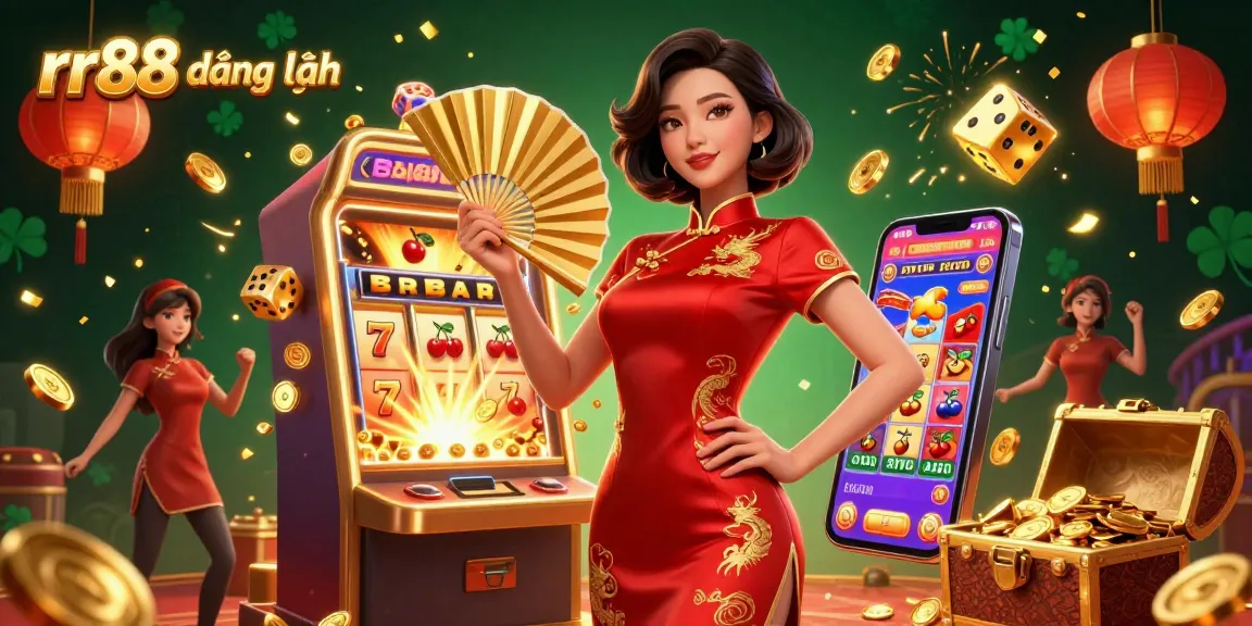 Experience thrills with rr88 đăng nhập in this vibrant casino scene, featuring a confident woman and exciting game elements.