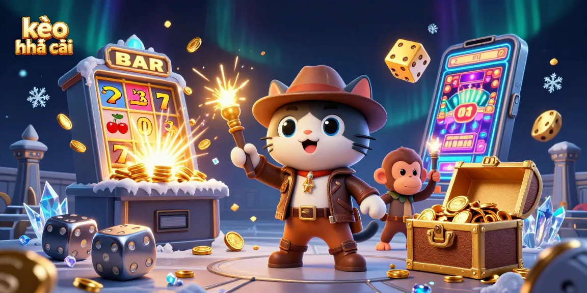 Experience thrilling kèo nhà cái action with the archaeological cat character amidst golden casino treasures.
