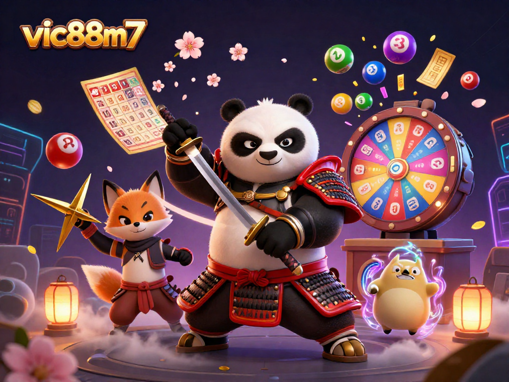 Engage with thrilling games at vic88m7, where cartoon samurai panda and ninja fox animate the lottery experience.