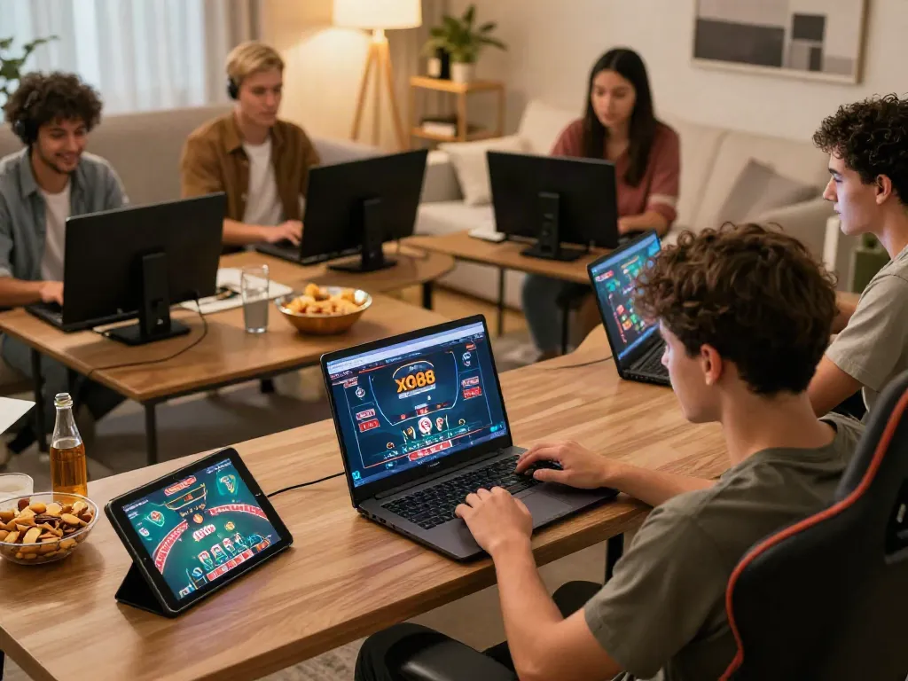 Friends enjoying online casino games at https://xo88.games/ in a vibrant living room setting.