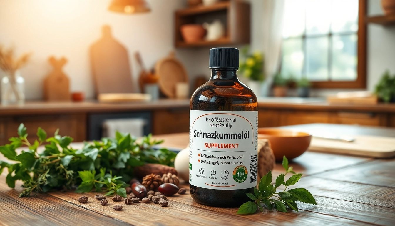 Schwarzkümmelöl Supplement in a bottle surrounded by herbs.