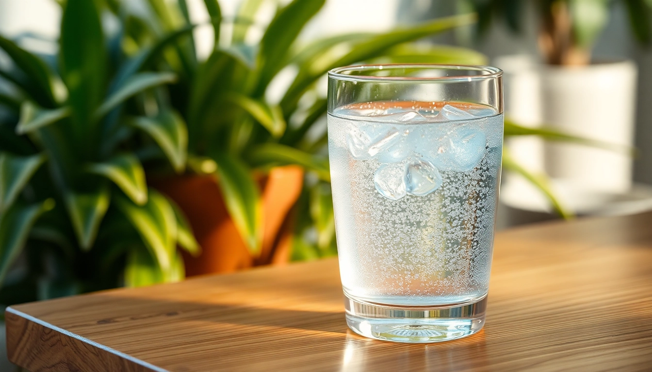 Silberwasser in einem klaren Glas glänzend präsentieren, um seine reinigende Wirkung zu zeigen.