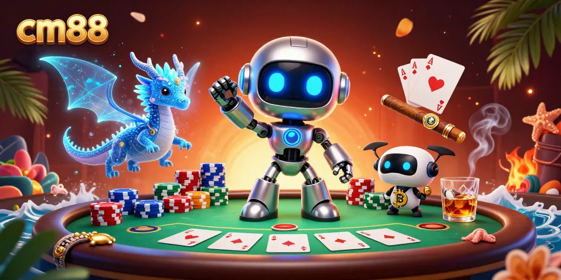 Experience thrilling gaming with cm88 as a cyberpunk hero and companions at a vibrant poker table.