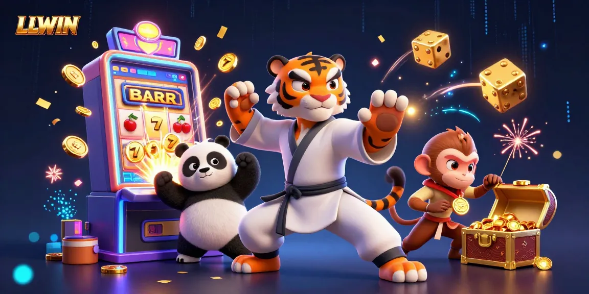Experience the thrilling jackpot excitement at LLWIN with cartoon characters celebrating amidst 3D gaming elements.