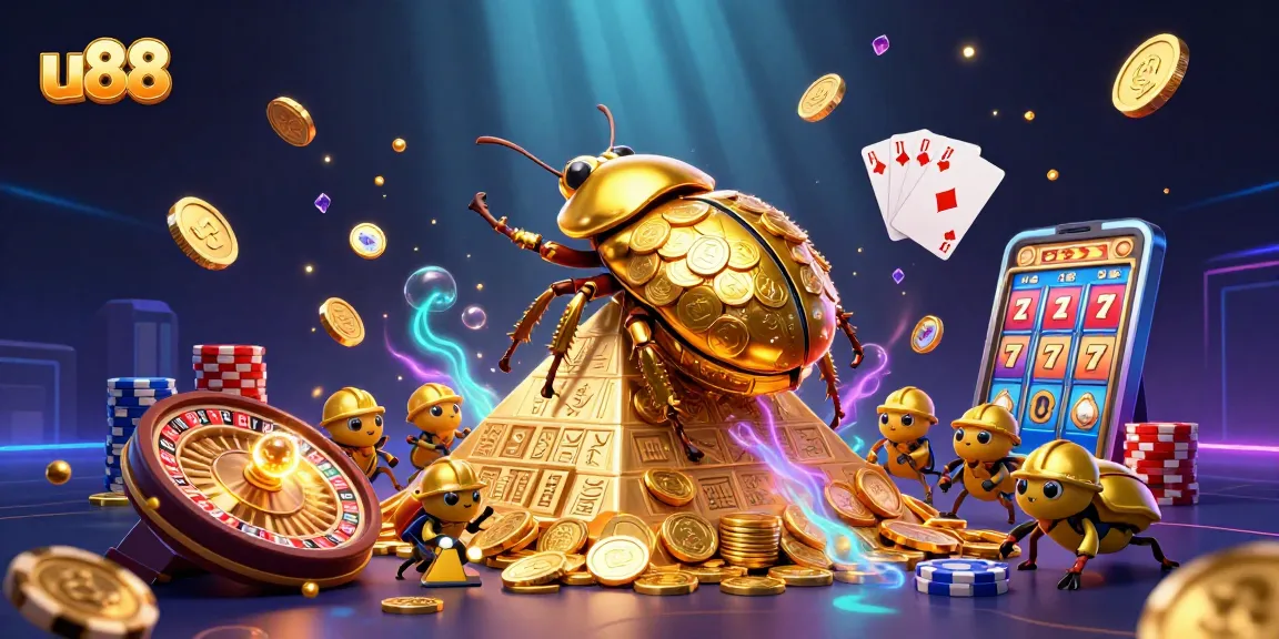 Engage in u88 online casino excitement with golden beetles amidst dazzling gaming elements.