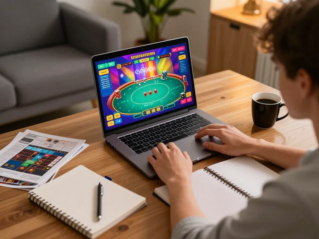 Engaging in online gambling with tr88 con poker game interface actively displayed on laptop during a cozy home setup