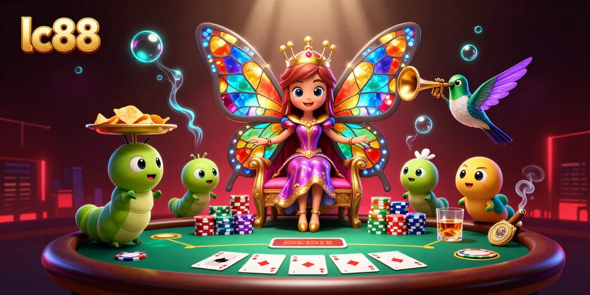 Play and win at lc88 with vibrant casino scene featuring a butterfly queen and poker elements.