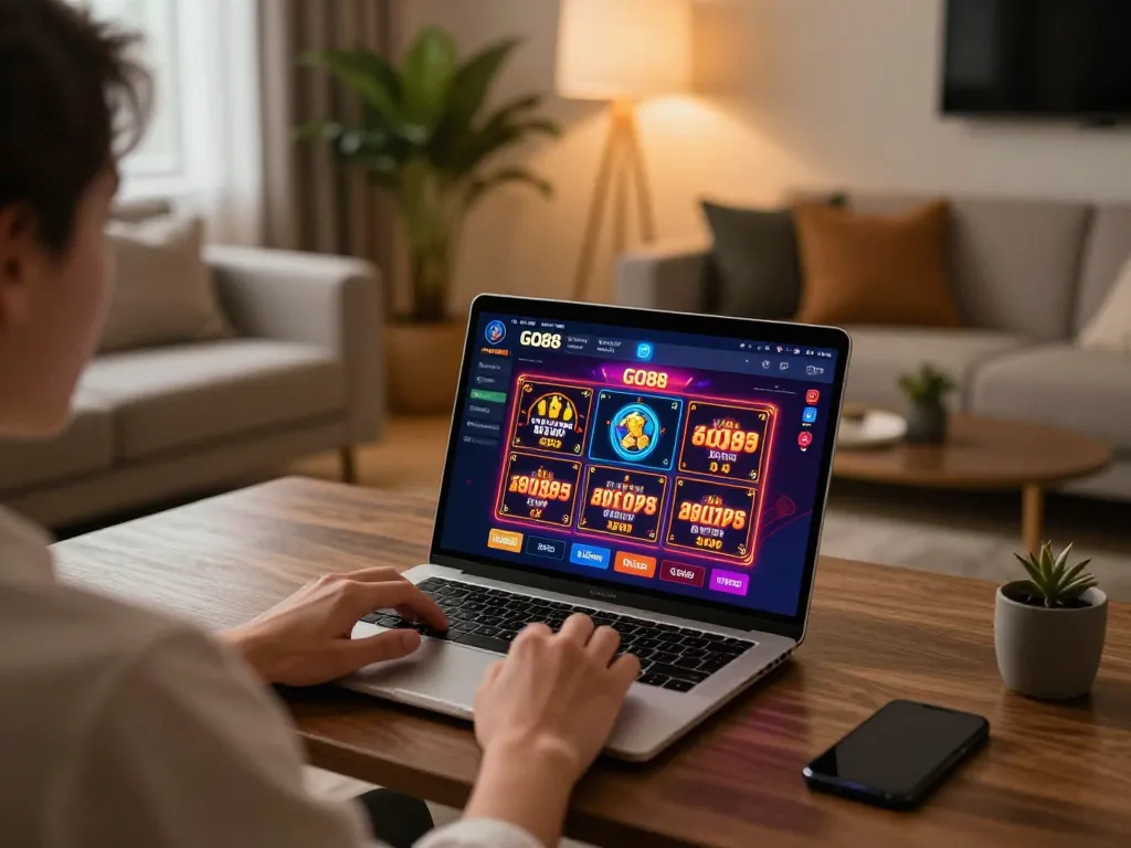 GO88 online gaming setup showcasing mobile app gameplay in a modern, stylish room.