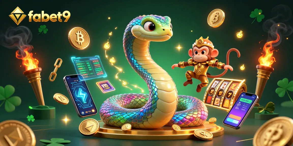 Experience fabet9's vibrant gaming world with energetic characters amidst neon coins and slot reels.